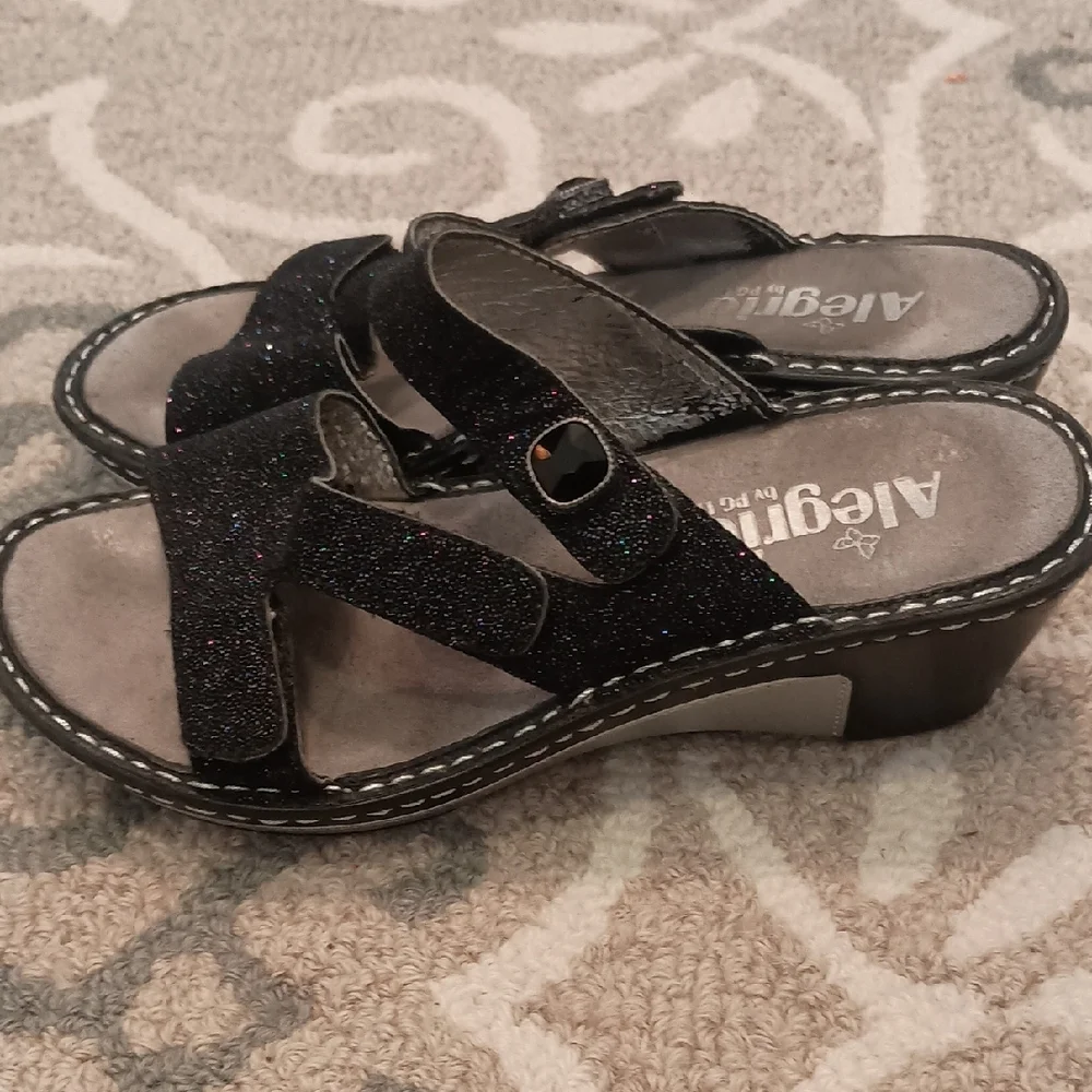 Alegria Black Sparkle Open-Toe Slide Sandals